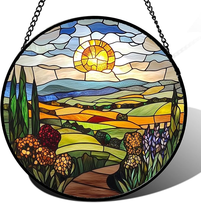 QZQCBLC Stained Glass Window Hanging Sunset Field Wildflower Landscape 6.3" - Suncatcher Door Garden Sun Catcher Home Decor Birthday Christmas for Mom Men Woman Nana Friend