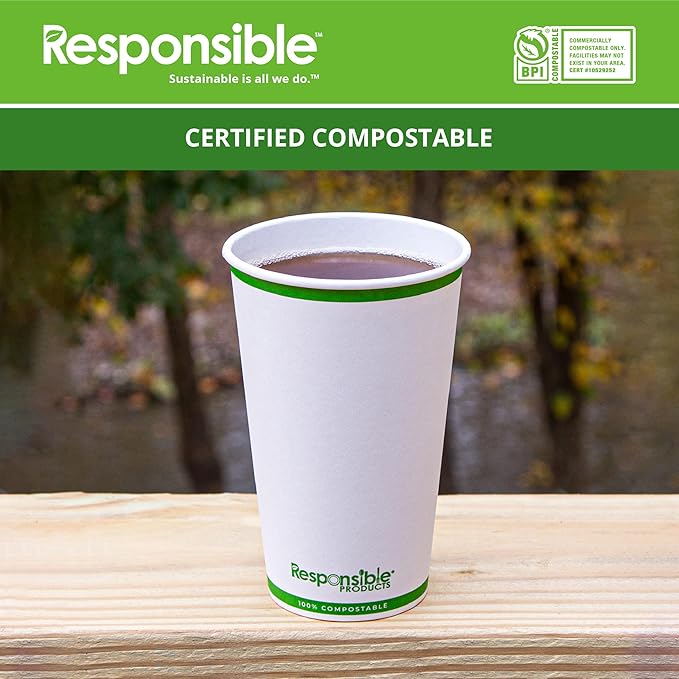 Responsible Products 16 oz Paper Hot Cups, Tree-Less™ Compostable Paper Coffee Cups, Extra Strength, Tree-Free and Made Without PFAS, White (1000 Count)
