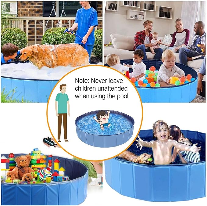 Foldable Pet Swimming Pool - Large 63" PVC Kiddie Dog Pool Bathing Tub for Dogs Cats Kids Portable Summer Outdoor Water Playmat Non-Slip Bottom Easy Drain (Blue)