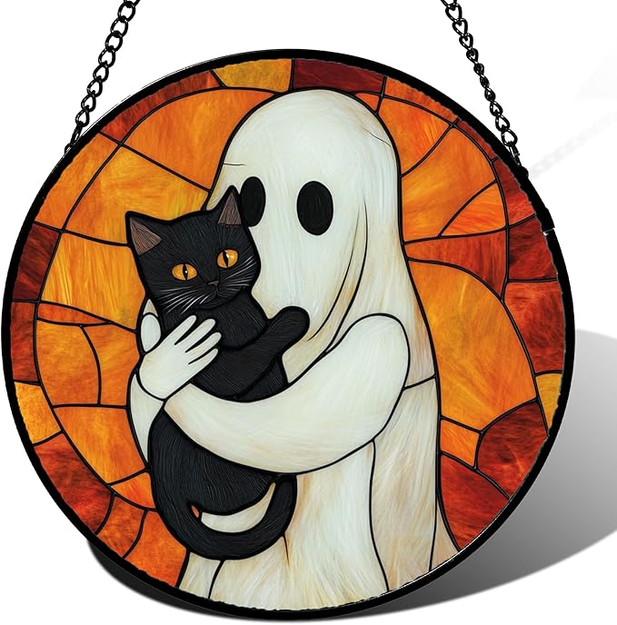 CRISGIF Stained Glass Window Hanging - Halloween Decorations White Ghost Black Cat Suncatcher for Doors Garden Spooky Funny Orange Sun Catchers Gothic Decor Horror Gifts for Women Men Friend 7.8 in