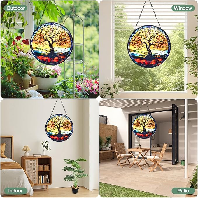 Wkyqes Tree of Life Handmade Stained Glass Window Hanging Suncatcher with Chain - 7.9" Outdoor/Indoor Art Decor for Home Garden, Wedding, Mother's, Valentine's & Christmas Ornaments Present