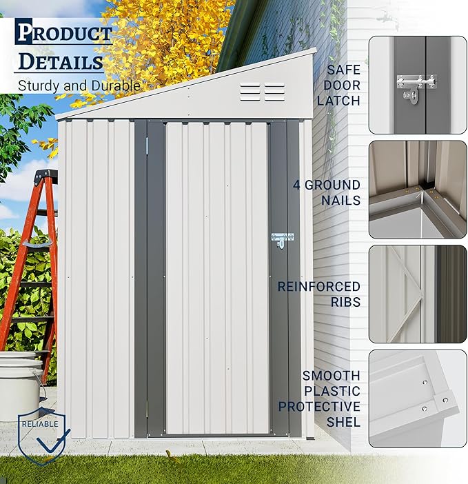 4x7 FT Outdoor Storage Shed Lean to Shed,Metal Shed W/Lockable Door & Air Vent,All Weather Waterproof Garden Tool House W/Reversible Installation,for Backyard,Patio,Lawn,White