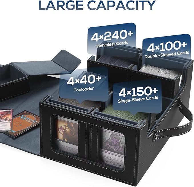 Trading Card Storage Box for MTG, MTG commander deck box，Multi-purpose Deck Case for MTG TCG Sports Card, 4 Toploaders, 4 Stoppers, 4 Colorful Dividers (Black & Grey)