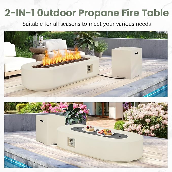 ECOTOUGE 2-Piece Gas Fire Pit, 56''Outdoor Propane Fire Pit Table Set w/Tank Cover, Auto-Ignition Steel Fire Table, 50,000 BTU Oval Concrete Fire Pit w/Weather-Resistant Pit Cover, Lava Rocks, White