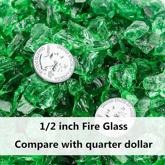 GRISUN Emerald Green Fire Glass for Fire Pit, 10 Pounds 1/2 Inch Tempered Glass Rocks for Natural or Propane Fireplace, Safe for Outdoors and Indoors Firepit Glass