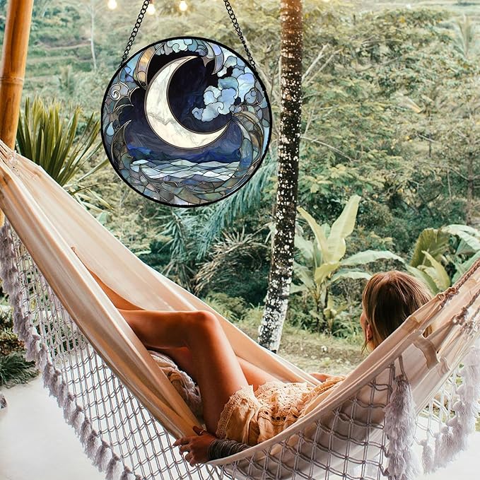 JOSUMALY Stained Glass Window Hanging - Abstract Sea of Clouds Moon Sun Catcher for Door Terrace Garden Home Decor, Gray Blue Suncatcher Birthday Gifts for Lovers Women Men Dad Mom Nana 6.3 in