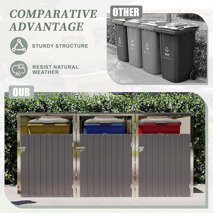 Outdoor Storage Shed Metal Trash Can Storage,120 Cu.Ft Garbage Can Storage Shed W/Lid Chain,Door Bolt & Pneumatic Spring Support Rods,for 3 Trash Bins,Bike,Garden Tools,Light Gray