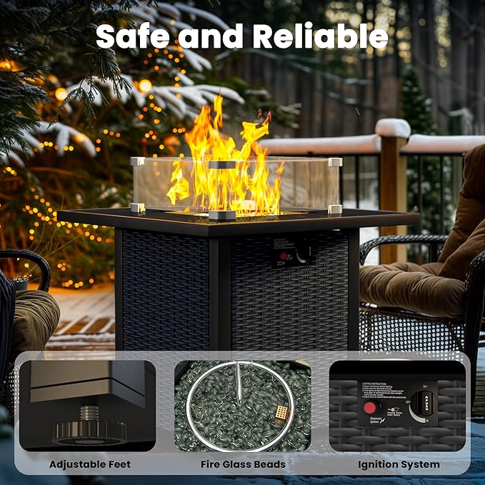 Propane Fire Pit Table, Outdoor Fire Pit Table, 28" Rattan Square Outdoor Gas FirePit with Glass Wind Guard, Tempered Glass Tabletop, Lid, CSA Listed, 50,000 BTU, Outside Patio Deck & Garden, Black