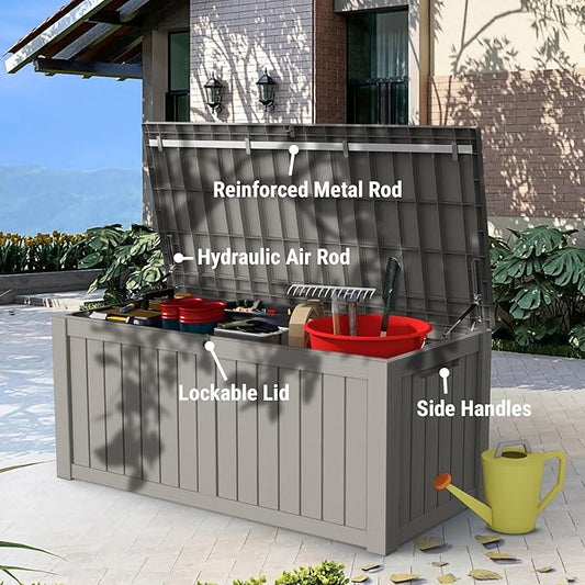 Mars Villa Deck Box, Waterproof and Weatherproof Large Resin Storage Bin with Lockable Lid, Ideal for, Outdoor, Patio Furniture Cushions, Pool Supplies, Garden Tools (119 Gallon, Light Brown)
