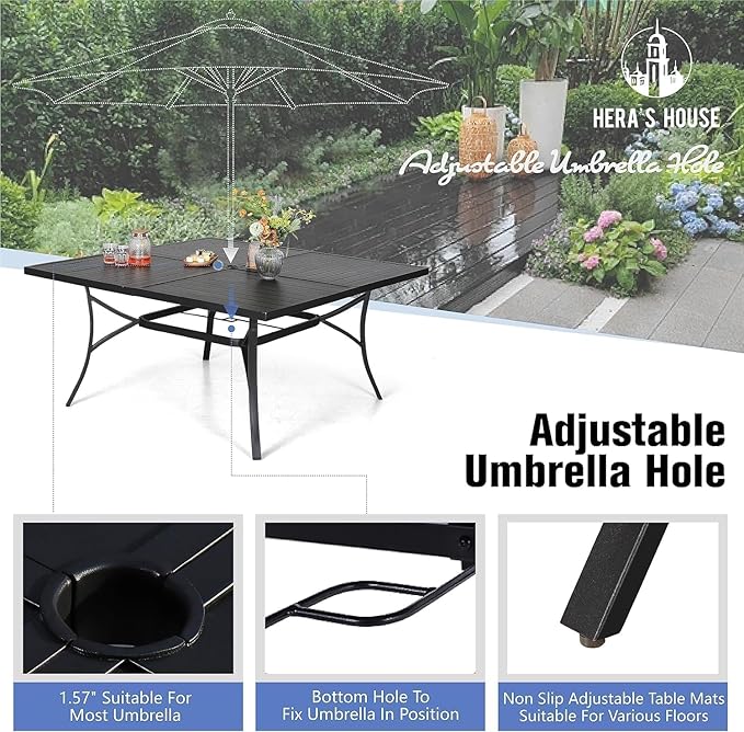 HERA'S HOUSE Metal Patio Table and Chairs Set for 8, Outdoor Dining Set 9 Pieces, 60" Square Table with Cushioned Armrest Chairs for Garden Backyard with Umbrella Hole