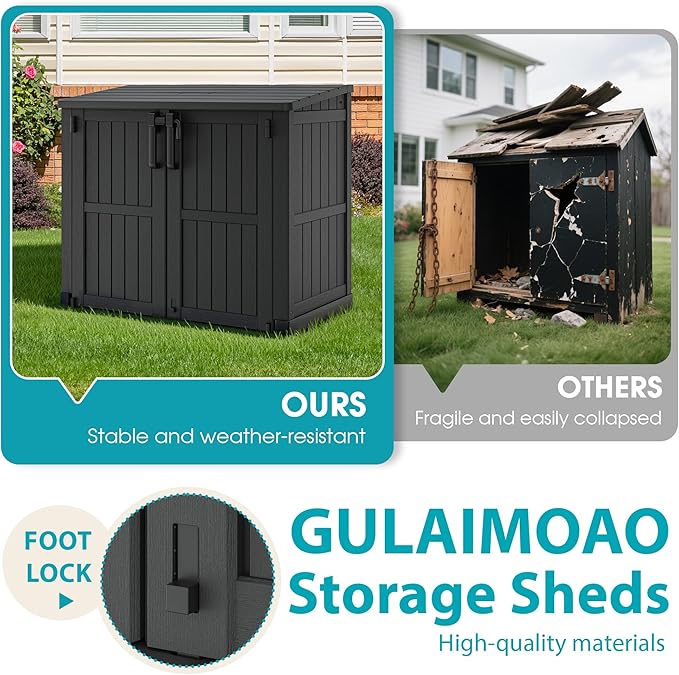 Horizontal Resin Storage Shed 36 Cu Ft with Lockable Doors, Portable Outdoor Storage Cabinet -Waterproof Outdoor Storage Box for Backyards, Easy to Assemble Black