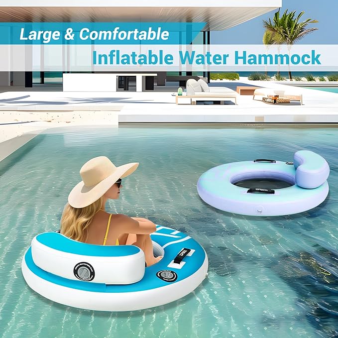 UPWELL Round Inflatable Pool Float Hammock with Backrest - Heavy Duty Mesh Mat for Adults, Tanning, Lakes and Rivers