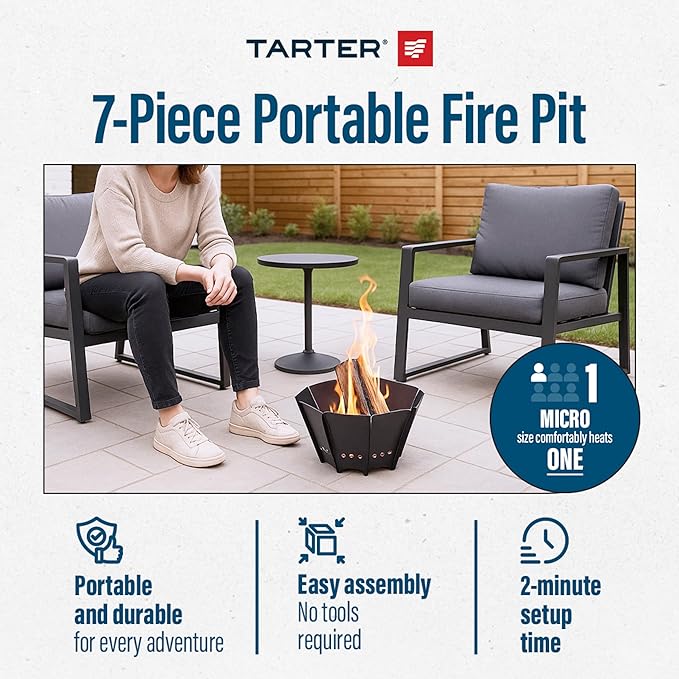 Tarter Micro Outdoor Fire Pit - 7-Piece Hexagonal Wood Burning Fireplace for Camping & Bonfires - Portable & Easy Assembly Design - Heavy Duty & Durable Sheet Steel, Powder Coated Finish