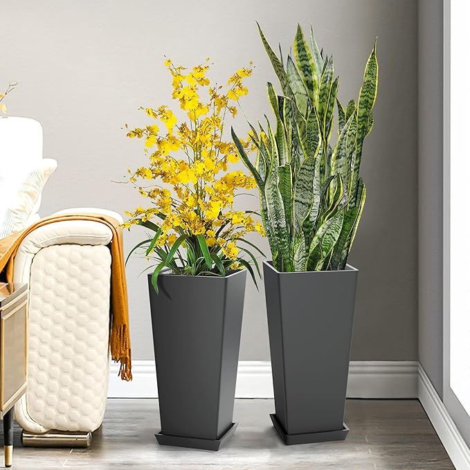 Set of 4 24" Tall Plastic Planters with Trays, Large Tapered Plant Pots for Indoor Outdoor Use, Modern Decorative Planters for Porch, Patio, Garden, and Backyard