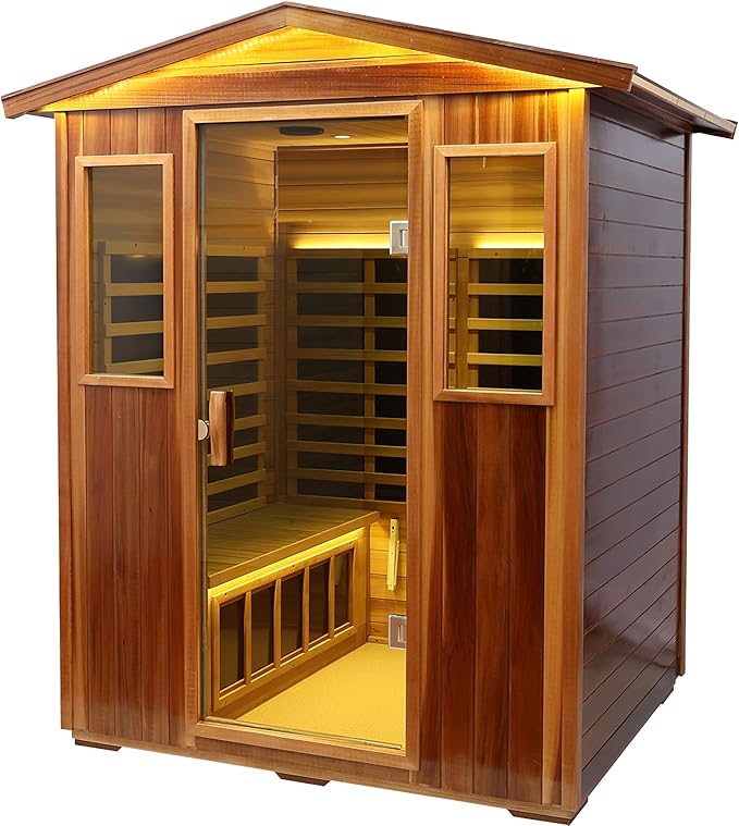 Outdoor Red Cedar Sauna 4 Person Far Infrared Sauna, Red Cedar, Withstand Outdoor Temp -10℉-149℉| Low EMF Sauna Room for Home-12 Low EMF Boards-Chromotherapy-Bluetooth Speakers (68.1*52.4*82.7 inch)