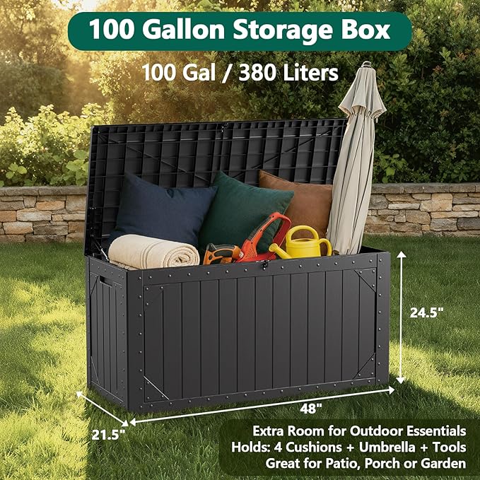 Outdoor Storage Box, 100 Gallon Deck Box Outdoor Storage Bench Outside Waterproof Resin Storage Bench, Lockable Patio Cushions, Garden Tools Storage For Furniture, UV Resistant(Black)