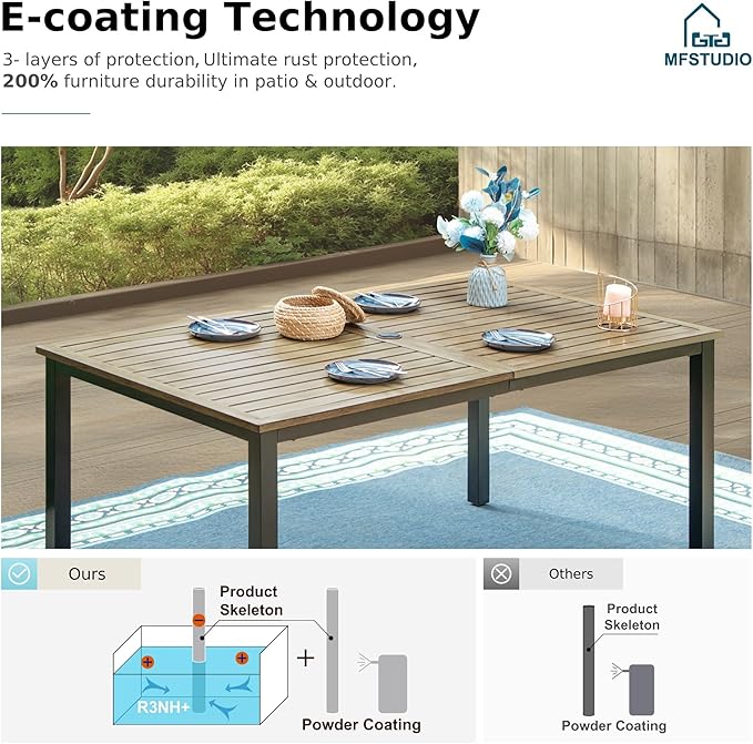 MFSTUDIO Outdoor Patio Dining Table for 6, Rectangle Metal Patio Table 64"x38" Wood-Like Tabletop with Adjustable Umbrella Hole for Deck,Backyard,Lawn,Garden