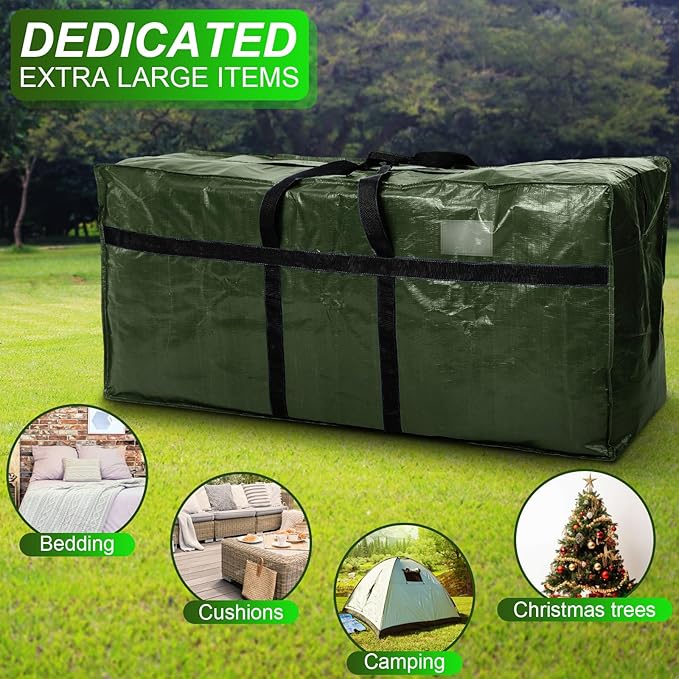 Windyun 4 Pack 98 Gallon Extra Large Storage Bags XXL Moving Bags with Zipper Handles Heavy Duty Jumbo Big Tote Box for Christmas Tree Storage 4, 5, 7.5, 9, 10, 12 ft Skeleton College Dorm(Army Green)