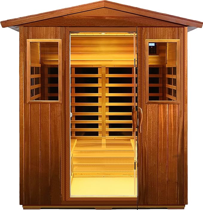 LTCCDSS Mahogany Outdoor Sauna 4 Person, Low EMF Far Infrared Sauna for Home, Withstand Outdoor Temp -10℉-149℉| 12 Low EMF Boards-Chromotherapy-Bluetooth Speakers (68.1 * 52.4 * 82.7 inch)