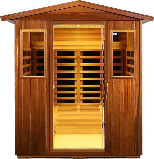LTCCDSS Mahogany Outdoor Sauna 4 Person, Low EMF Far Infrared Sauna for Home, Withstand Outdoor Temp -10℉-149℉| 12 Low EMF Boards-Chromotherapy-Bluetooth Speakers (68.1 * 52.4 * 82.7 inch)