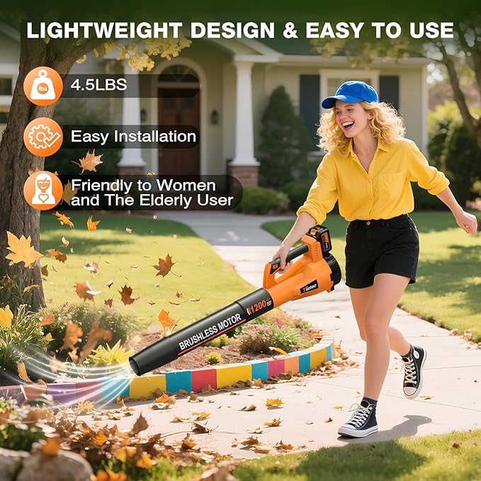 Tietoc Leaf Blower Cordless, 1200W Brushless Electric Leaf Blower with 2 X 5.0Ah Battery, 6 Speed Powerful Leaf Blowers for Garden, Patio, Lawn Care, Gift for Men Dad Husband Fathers Gardener (Orange)