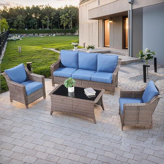 4 Piece Patio Furniture Set-Outdoor Rattan Wicker Sofa with Patio Chairs Outdoor Furniture for Porch Garden Backyard Poolside-Brown/Blue