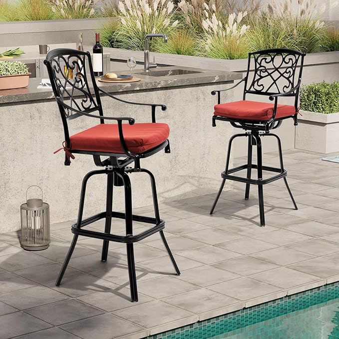 Crestlive Products Outdoor Bar Stools with Sunbrella Cushion Set of 2, 360° Swivel Patio Bar Height Chairs, All Weather Heavy Duty Commercial Grade Furniture, Antique Brown Finish for Outside (Red)