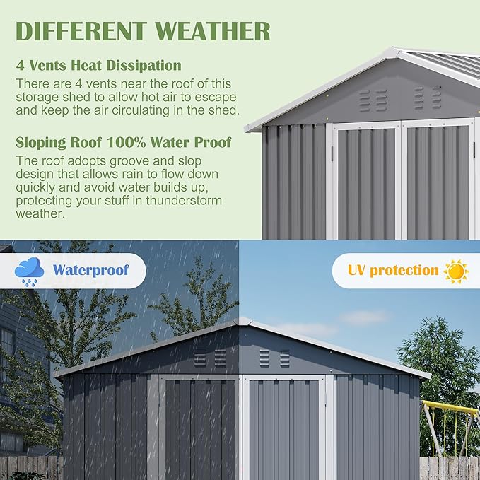 8x12 FT Metal Outdoor Storage Shed,Garden Shed W/ 2 Reversible Lockable Doors & Updated Frame Structure,Outdoor Backyard Tool House W/ 4 Air Vents & Sloped Roof,for Patio,Lawn,Grey