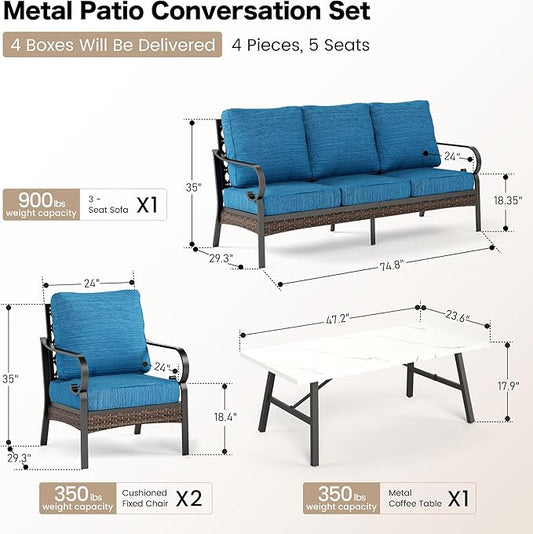 4 Piece Metal Outdoor Patio Furniture Set, Patio Conversation Sets 1 3-Seater Sofa, 2 Chairs with 5.75" Extra Thick Cushion and Coffee Table, Black Frame Backyard Furniture, Blue-2