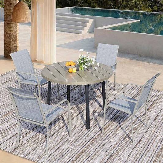 5 Pieces Patio Dining Set for 4, Beige Blue Patio Stackable Chairs and Honey Oak Round Table Set of 4, Outdoor Furniture Set with Sling Support for Outside, Garden