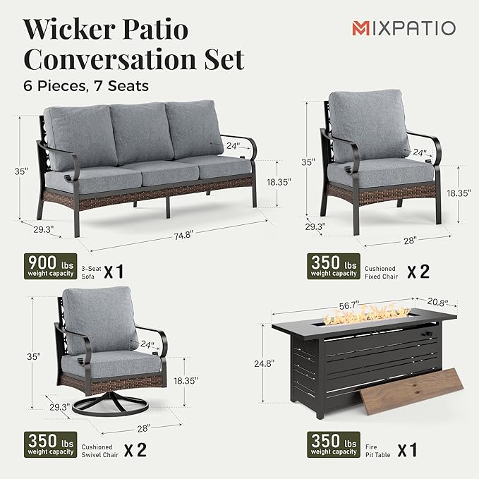 Patio Furniture Set with Firepit Table, Black Frame Outdoor Conversation Set with 2 x Fixed Chairs, 2 x Swivel Chairs, 1 x 3-Seat Sofa for Lawn Garden Backyard, Grey