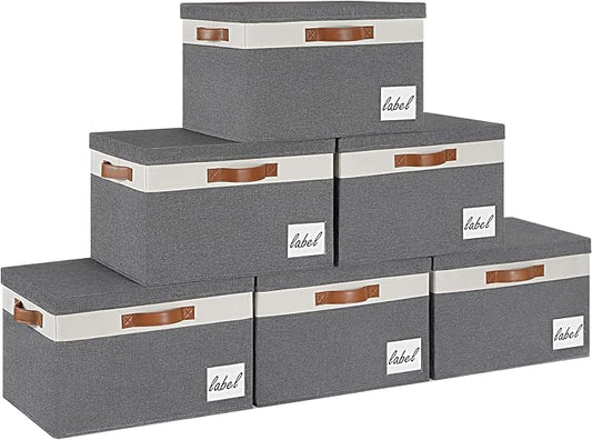 GhvyenntteS Extra Large Storage Bins with Lids 6 Pack, Foldable Fabric Storage Boxes with Lids and 3 Leather Handles, Storage Baskets with Label Window (Grey, 15.75" x 11.8" x 10.2")