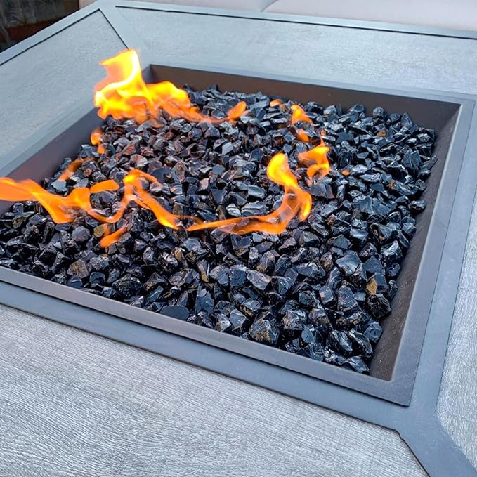 GRISUN Onyx Black Fire Glass for Fire Pit, 10 Pounds 1/2 Inch Tempered Glass Rocks for Natural or Propane Fireplace, Safe for Outdoors and Indoors Firepit Glass