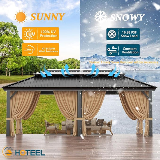HOTEEL 12x20 Gazebo with Metal Roof & Drainage System, Heavy Duty Hardtop Gazebo with Flame-Retardant Curtain & Netting, Gazebos with Galvanized Steel Double Roof, Outdoor Gazebo Canopy for Patio