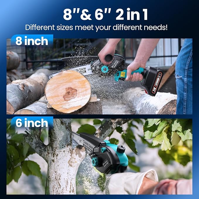 Mini Chainsaw Electric Cordless: 8 Inch & 6 Inch Brushless Chain Saw with 2 Pack Rechargeable Batteries, Battery Powered Handheld Saw for Trees Trimming Wood Cutting, Perfect Gardening Tools for Men