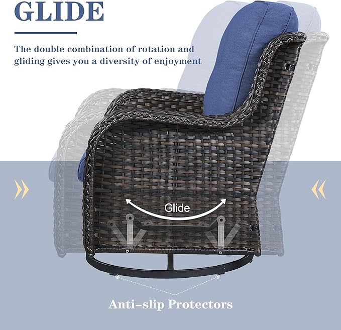 Belord Wicker Outdoor Furniture Patio Furniture Set - 6 Piece Patio Conversation Set with Swivel Rocker Chairs, Rattan Sofa, Ottomans and Coffee Table, Blue Cushion