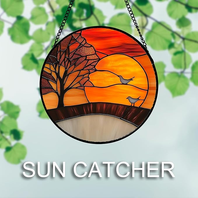 QZQCBLC Stained Glass Window Hanging Orange Sunset Landscape 7.8" - Maple Suncatcher Door Garden Sun Catcher Home Decor Birthday Christmas for Mom Men Woman Wife Friend