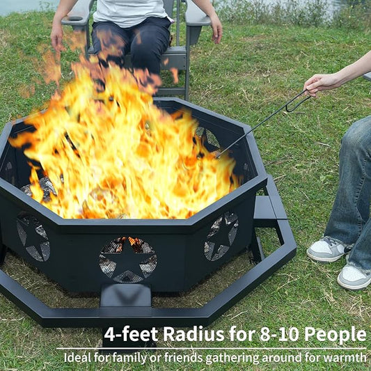 45 inch Large Fire Pit, Outdoor Fire Pit with Heavy Duty Construction, Wood Burning Fire Pits for Outside Octagonal Firepit for Camping, Backyard, Patio, Black