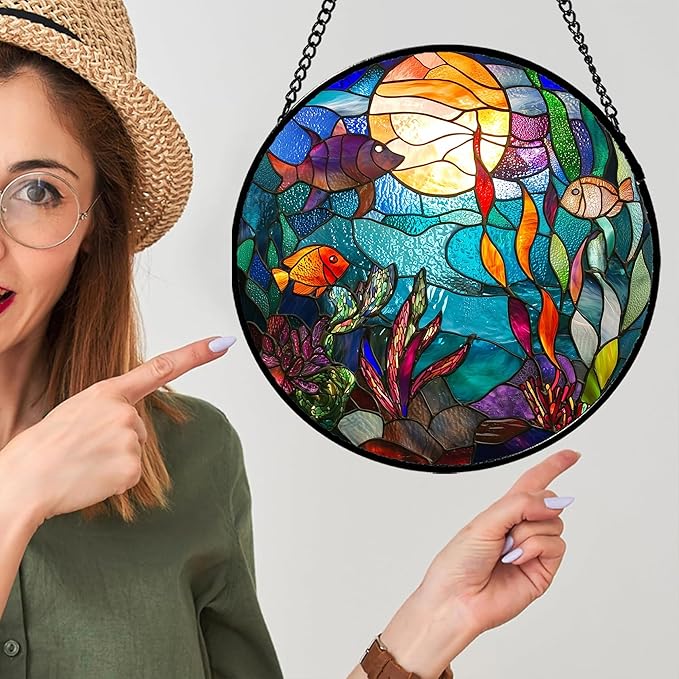 AMDERVEN Stained Glass Window Hanging - Blue Ocean World Small Fish Coral Sun Catcher for Door Garden Home Decor Sea Suncatcher Christmas Mother's Day Birthday Gifts for Women Men Mom Nana 9.8 in
