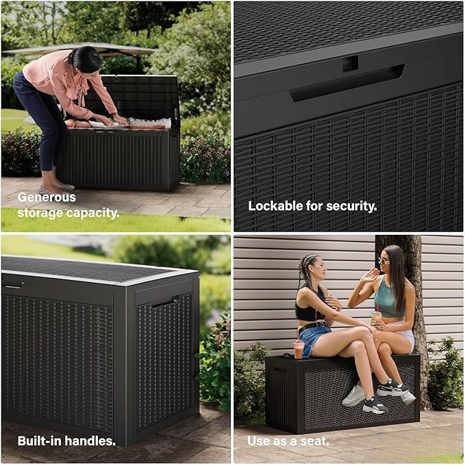 320 Gallon Resin Deck Box, Waterproof Outdoor Storage Box for Patio Furniture Cushions, Garden Tools, and Pool Accessories, Large Lockable UV-Resistant Storage Bin Bench Cabinet for Outside, Black