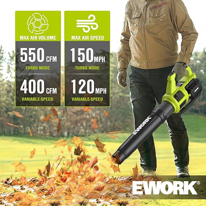 EWORK 21V Cordless Leaf Blower, Powerful Turbo Mode & 550 CFM, 2×3.0Ah Batteries & Fast Charger, Lightweight Electric Leaf Blowers for Lawn Care, Patio, Leaves & Dust