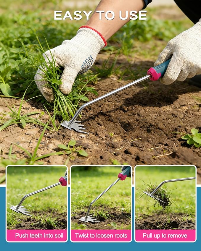 Weed Puller Tool Set, Stainless Steel Garden Weed Pullers & Hand Weeder Tool for Cracks, Crevices & Driveways, Ergonomic Non-Slip Handle Weed Remover & Crack Weeder Tool Kit (Weeder Tools set-3PC)