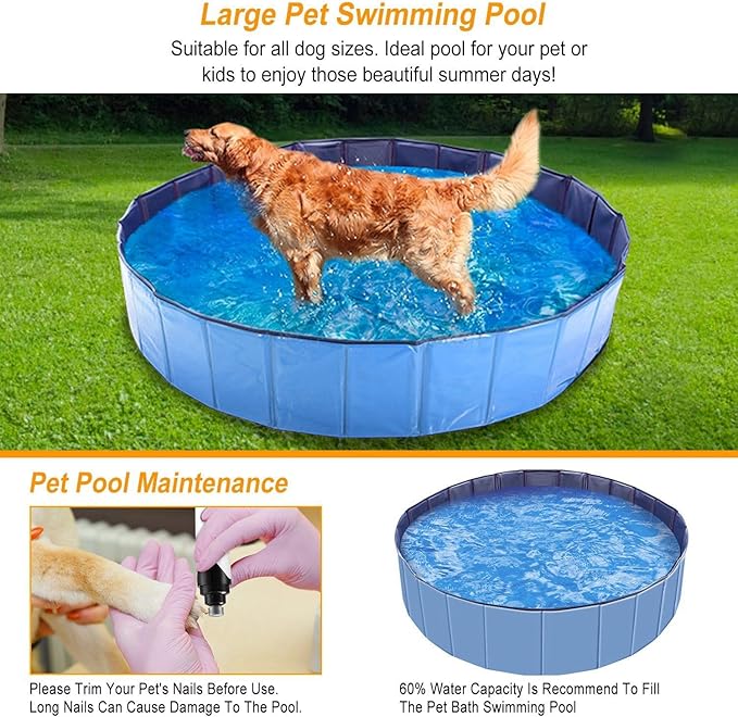 Foldable Pet Swimming Pool - Large 63" PVC Kiddie Dog Pool Bathing Tub for Dogs Cats Kids Portable Summer Outdoor Water Playmat Non-Slip Bottom Easy Drain (Blue)