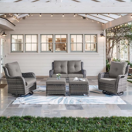 Belord 5 Piece Outdoor Patio Furniture Set - Wicker Furniture Patio Conversation Set, Outdoor Swivel Rocker Chairs with Loveseat Sofa and 2 Ottomans for Small Space, Gray Cushion