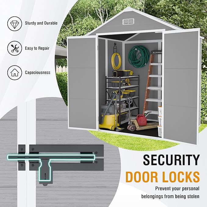 Resin Storage Shed 6x5ft?Outdoor Storage Sheds with Floor, HD Window, Lockable Doors and Vents, Tool Shed for Bike, Garden, Backyard,Lawn, All Weather Use (Grey, 6 * 5ft)