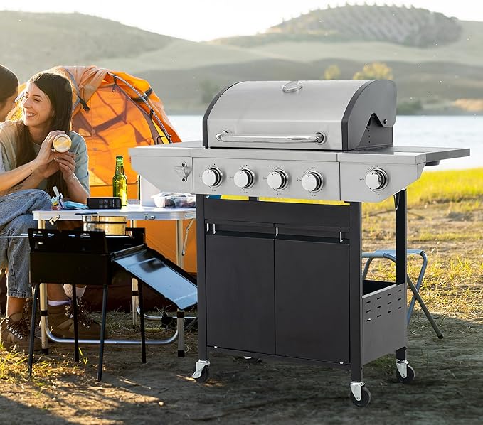 Endark BBQ Grill with 5-Burner Propane Gas Grill, Barbecue Grill 46500 BTU Stainless Steel with Side Burner, Porcelain Grates & Dual Shelves, Wheeled Portable for Backyard, Patio, Garden Cooking