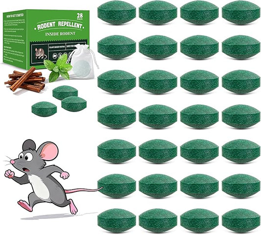 28 Pack Mouse Repellent Tablets - Natural Peppermint Oil, Rodent Repellent for Corners, Cars & Indoors/Outdoors,Safe for Family & Pets -Repels Mice, Squirrels & Spiders