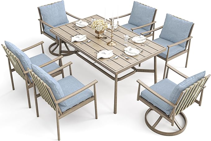 HAPPATIO 7-Piece Outdoor Dining Set for 6, Aluminum Patio Dining Set Includes 4 Dining Chairs, 2 Swivel Dining Chairs, and 1 Large Rectangular Table with Umbrella Hole, for Lawn Porch Backyard, Brown