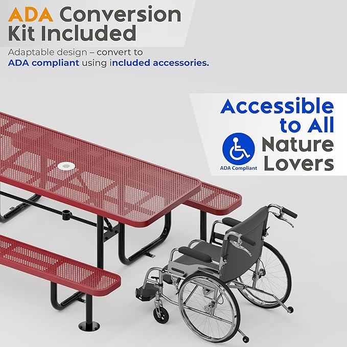 OUTTANS Commercial Heavy-Duty Metal Picnic Table - ADA Compliant, Adjustable Seats, Umbrella Hole (Red, 8' Rectangular, Punched Steel)