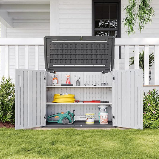 Aoxun White Outdoor Storage Cabinet with 2 Shelves, 35 Cu.Ft Trash Can Storage Shed, Waterproof, Horizontal Storage for Garbage Bin, Generator, Lawn Mower